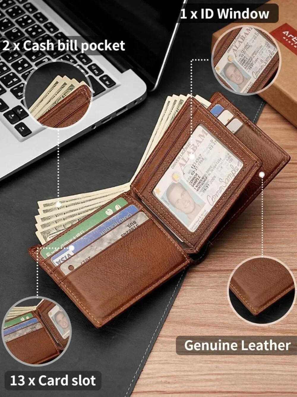 Genuine Leather Bifold Wallet for Men | RFID Blocking, 1 ID Window, 13 Card